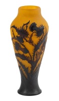 Gall&Atilde;&copy; Tall Vase in Honey-Colored Glass with Acid-Etched Thistles in Deep Walnut Colored Glass Overlay