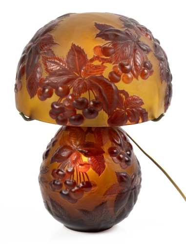 Beautiful &Atilde;&permil;mile Gall&Atilde;&copy; Mold-Blown Cameo Glass Lamp, A Gorgeous Explosion of Cherries Both on Canopy and Body.
