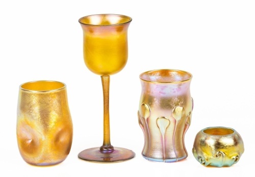 Tiffany Favrile Iridescent Gold Glass: Cordial, Salt Cellar, Dimpled Glass and Lilypad Glass