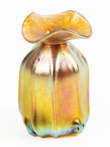 Tiffany Favrile Gold Iridescent, Art Nouveau Bud Vase, Reds, Blues and Gold Tones Dazzle
