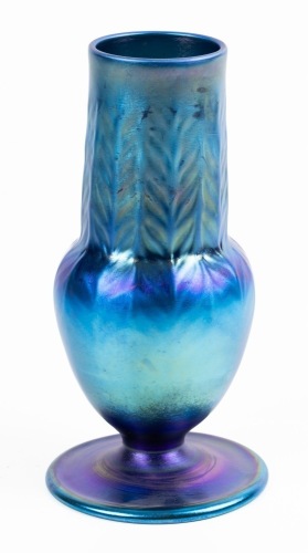 Tiffany Blue Favrile Pedestal Vase with a Reverse Chevron Design