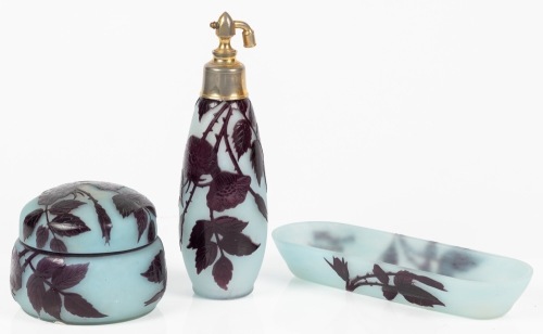 Three Piece French Cameo Glass Dresser Set by Andr&Atilde;&copy; Delatte
