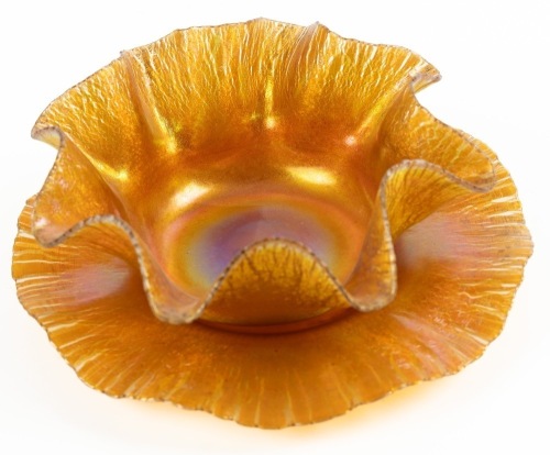 Tiffany Favrile Iridescent Gold Ruffled Bowl with Underplate