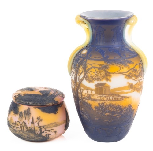 Two Beautiful Pieces by DeVez Boasting Expert Acid Etched Cameo Glass. Two Handled Greco-Roman Inspired Design and Lidde