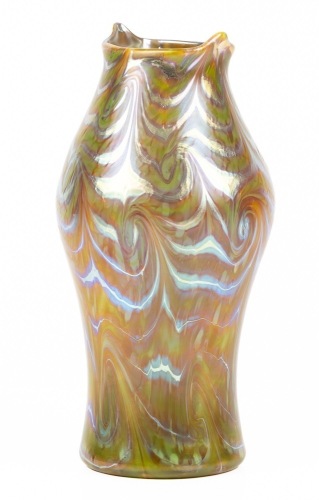 Tiffany Favrile, Large "Damascene" Design, Green, Gold and Blue Iridescent Vase, Rare