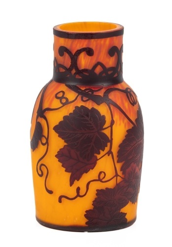 Degu&Atilde;&copy; French Burgundy Cameo Glass Vase Acid Etched Grapes and Leaves Over Mottled Orange and Red Glass