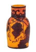 Degu&Atilde;&copy; French Burgundy Cameo Glass Vase Acid Etched Grapes and Leaves Over Mottled Orange and Red Glass
