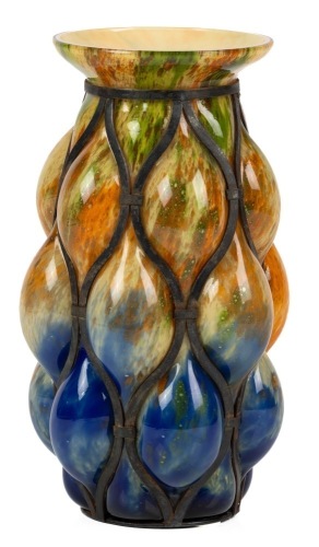 Glass Art Deco Vase Blown into Wrought Iron and is Etched Daum Nancy on Underside, L. Maj&Atilde;&cent;relle. Very Similar to a Krali