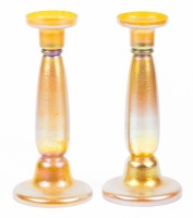 Pair of Tall, Iridescent Gold, Art Nouveau Czech Candlesticks