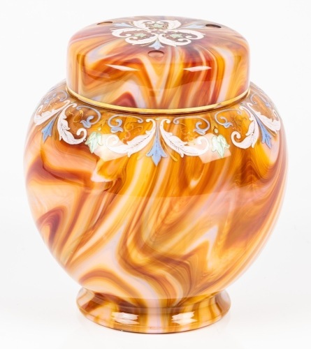 Johann Loetz Witwe Carneol Glass Lidded Jar. Superb Marbling in the Glass with Hand Painted Enamel Work