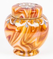 Johann Loetz Witwe Carneol Glass Lidded Jar. Superb Marbling in the Glass with Hand Painted Enamel Work