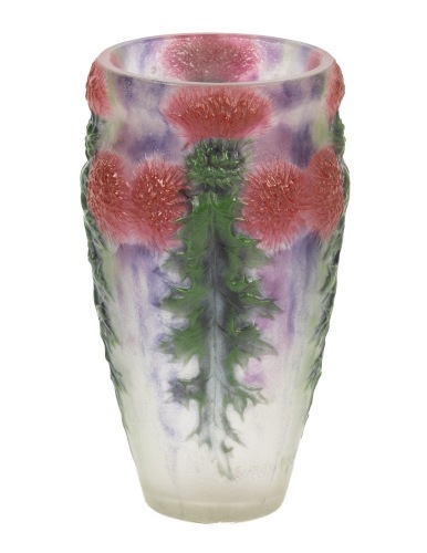 Gabriel Argy Rousseau, Prized, Pate de Verre Vase with Red Thistles, ca. 1920, Museum Worthy Piece