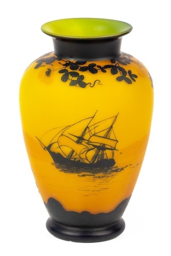 J. Michel, Paris, Yellow, Orange and Very Dark Blue Acid Etched Scenic Design with Sailing Ship and Lighthouse