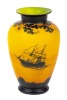 J. Michel, Paris, Yellow, Orange and Very Dark Blue Acid Etched Scenic Design with Sailing Ship and Lighthouse
