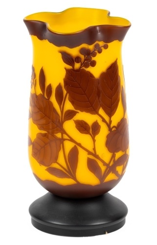 Loetz Cameo Vase with Two Layers of Light and Dark Brown Acid-Etched and Highly Polished Foliage and Berries on Pedestal