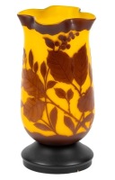 Loetz Cameo Vase with Two Layers of Light and Dark Brown Acid-Etched and Highly Polished Foliage and Berries on Pedestal