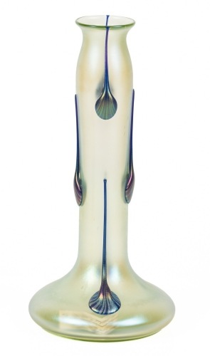 John Loetz Witwe Pale Green Frosted Iridescent Glass Vase with Six Trailing Lily Pads ca 1901