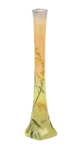 Legras Tall Vase Pate de Verre with Acid Etched Flowers in Hand Painted Enamel