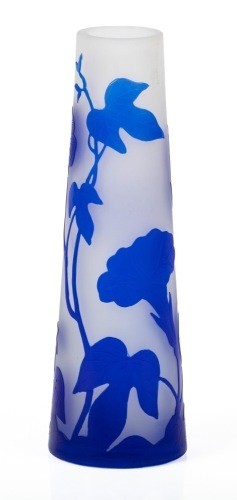 Vibrant Andr&Atilde;&copy; Delatte, Nancy, France, Cameo Vase of Acid Etched Royal Blue Morning Glory Blossoms
