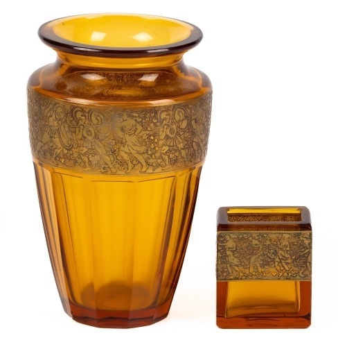 Two (2) Outstanding Antique Moser Bohemian Amber Glass Vase &acirc;&euro;&ldquo; Gilded Classical Friezes