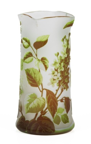 Kralik Bohemian Cameo Glass Having Three Layers Acid Etched to Create Lilac Blossoms and Leaves