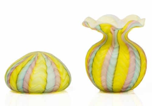 Murano Mother of Pearl Rainbow Satin Glass Vase and Paperweight