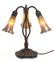 Tiffany Studios Original, Bronze, 3 Light Lily Bronze Lamp with Favrile Iridescent Gold Glass ca. 1910