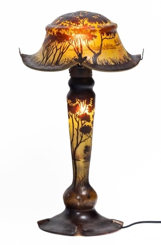 Daum Nancy Blown and Acid Etched Glass Table Lamp Boasting Remarkable Scenic Artistry and Pagoda Shaped Shade