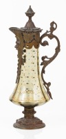 Amber Blown Glass Claret with Elaborate Figural Brass Details and Enamel