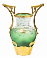 Loetz Art Nouveau Metal Overlay Art Glass Vase, "Sun and Sky" with a Brass Overlay Etched with a Seascape Motif