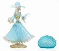 Murano Glass Pieces in Lovely Blue Tones. A Dancing Lady with Ruffled Skirt and a Classic Murano Glass Paperweight