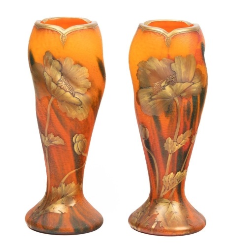 Choice Pair of Legras "Indiana" Vases ca. 1930 with Gilded Acid Etched Poppies and Gilt Gold Enamel