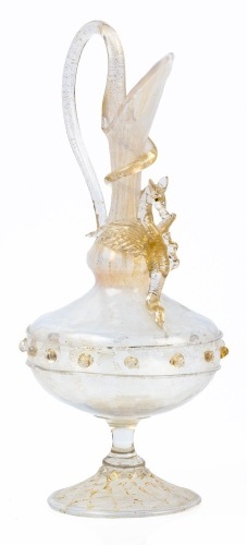 19th Century Venetian Glass Ewer by Salviati. Hand-Blown with Gold Aventurine