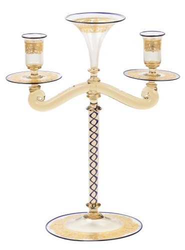 Beautiful Antique Murano Glass Candelabra with Stunning Details in the Gilt Enameling and the Swirl of Blue Glass a High