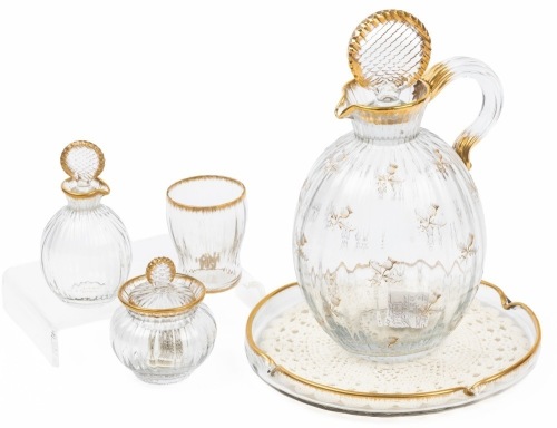 Daum Nancy Antique Crystal Dresser Set, Stoppered Water Pitcher with Etched Thistle Designs, Glass, Tray and 2 Stoppered