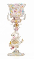 Early Venetian Glass Goblet ca. 1850-1860 with Multi-Colored Speckled Latticino Bowl Supported by Lovely Swan