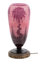 La Verre Francais Art Deco Console Lamp in Stunning Rose and Burgundy Cameo Glass, Signed.