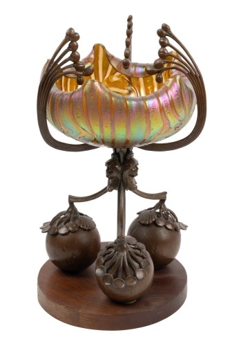 Phenomenal Art Nouveau Centerpiece with Iridescent Fluted Glass Bowl Cradled in Bronze with Wood Base by Wilhelm Kralik