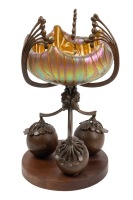 Phenomenal Art Nouveau Centerpiece with Iridescent Fluted Glass Bowl Cradled in Bronze with Wood Base by Wilhelm Kralik