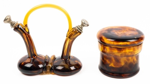 Victorian Era, Tortoise Glass, Oil and Vinegar Decanter and Lidded Jar.