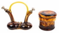 Victorian Era, Tortoise Glass, Oil and Vinegar Decanter and Lidded Jar.