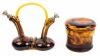 Victorian Era, Tortoise Glass, Oil and Vinegar Decanter and Lidded Jar.