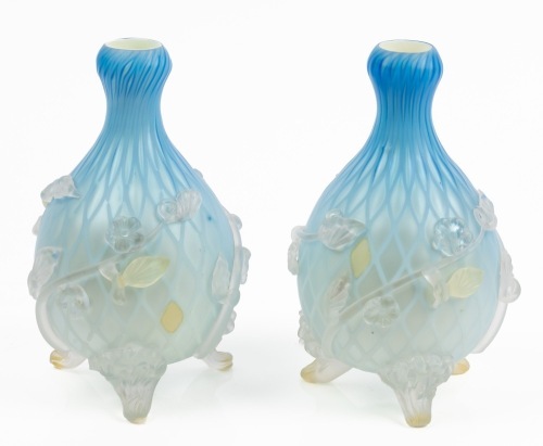 Antique Pair of Victorian Style, Blue Diamond Quilted Pattern and Applied Frosted Glass Foliate Designs