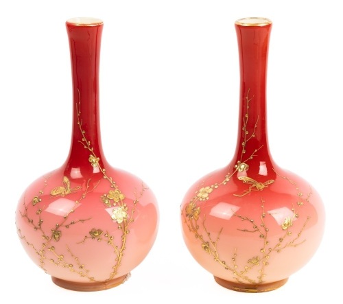 Outstanding Pair of 19th Century Peachblow Glass Vases with Gilt Gold Enameling