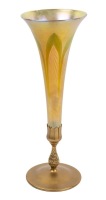 Tiffany Studios Rare Dark Red Favrile Trumpet Vase with Blue Iridescent Pulled Feather Design on Gilt Bronze Stand