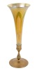 Tiffany Studios Rare Dark Red Favrile Trumpet Vase with Blue Iridescent Pulled Feather Design on Gilt Bronze Stand
