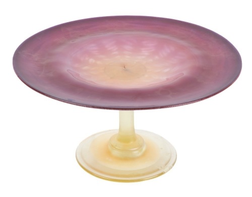 L. C. Tiffany Favrile Footed Centerpiece or Compote with Purple Glass, Opalescent White on the Verso and an Iridescent G