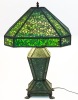 Apollo Arts Green Slag Glass, Table Lamp with a Striking Hour Glass Shaped Pedestal with Pine Cone Pattern Metal Overlay