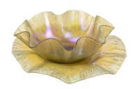 L. C. Tiffany Favrile Ruffled Bowl and Underplate in Iridescent Purple and and Magenta