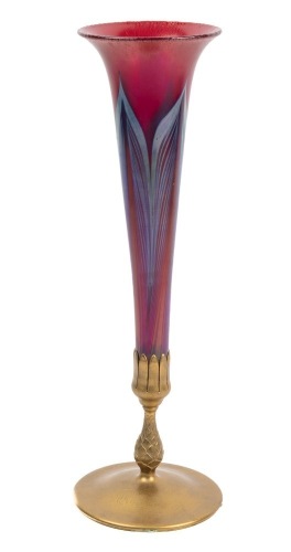 Tiffany Favrile Trumpet Vase on Gilt Bronze Stand with Pulled Feather Design in Green and Iridescent Gold.
